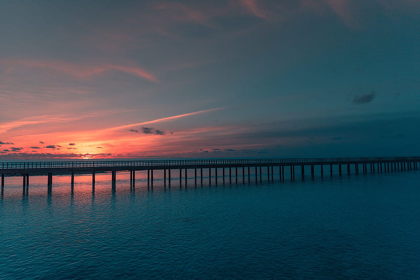 Matahari terbenam, jembatan, laut, gelap, alam Wallpaper HD