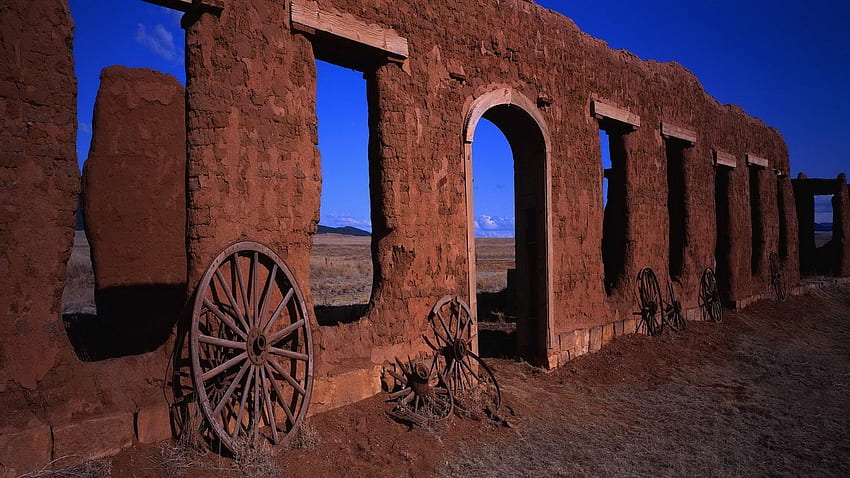 Cart wheels against fort, Old Fort HD wallpaper