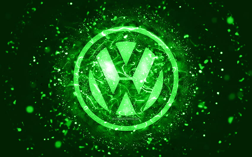 Volkswagen green logo, , green neon lights, creative, green abstract background, Volkswagen logo, cars brands, Volkswagen HD wallpaper