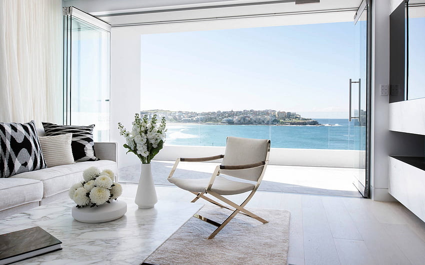 desain interior bergaya, ruang tamu, rumah di tepi laut, desain interior putih, desain ruang tamu modern, ide ruang tamu Wallpaper HD