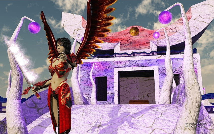 Kuil Mistik, bola dunia, sayap, pedang, api, malaikat, bersinar, merah, api, menyala, perempuan Wallpaper HD