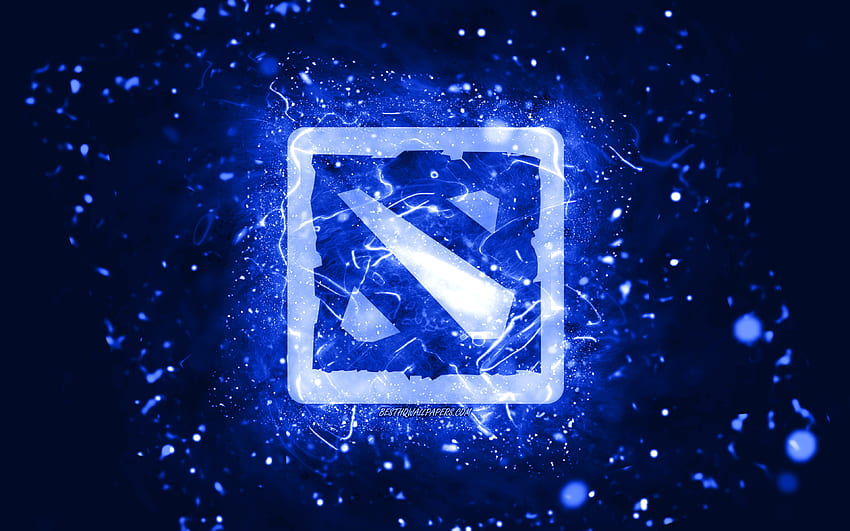 Dota 2 dunkelblaues Logo, dunkelblaue Neonlichter, kreativer, dunkelblauer abstrakter Hintergrund, Dota 2-Logo, Online-Spiele, Dota 2 HD-Hintergrundbild