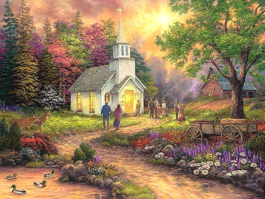 Spring Church, attractions in dreams, garden, churches, paintings, spring, chaple, walkway, love four seasons, nature, flowers HD wallpaper