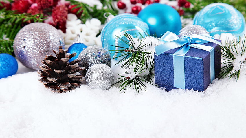 Merry Christmas, decoration, bulbs, pinecone, gift, festive HD wallpaper