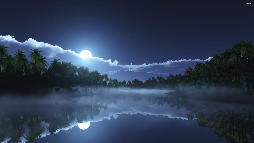 澄んだ湖に映る美しい夜空、Lake at Night 高画質の壁紙