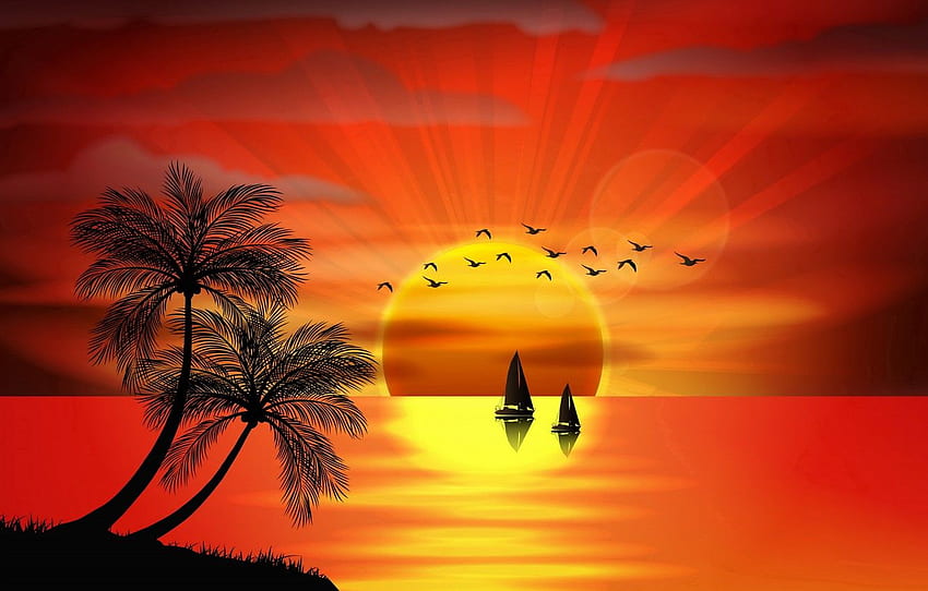 mare, tramonto, uccelli, palme, vettore, isola, sagoma, mare, tramonto, isola, paradiso, palme, tropicale per , sezione пейзажи Sfondo HD