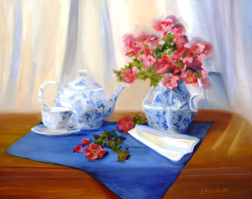 ความคิดถึง สีน้ำเงิน ไม้ โต๊ะ ก้าน ดอกไม้ โค้ง ถ้วย หม้อชา ใบไม้ เหยือกน้ำ เขียว แดง ผ้าเช็ดปาก จานรอง วอลล์เปเปอร์ HD