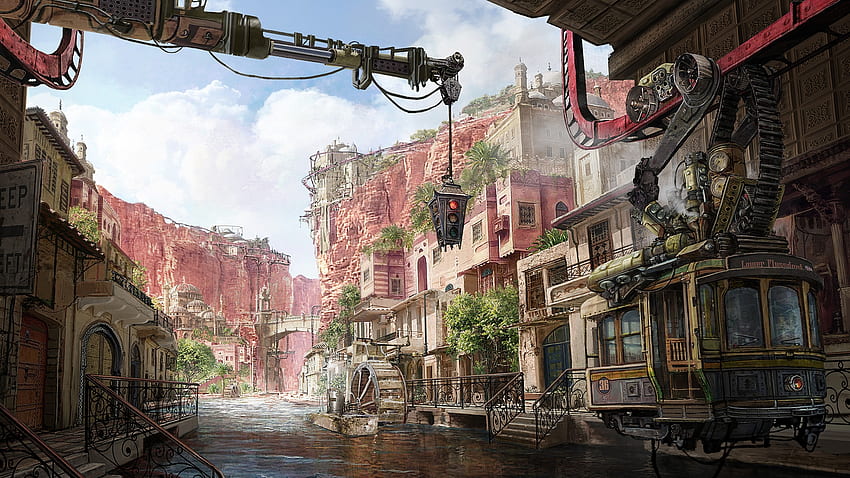 Steampunk House And City, City, Steampunk, Houses, Fantasy HD wallpaper