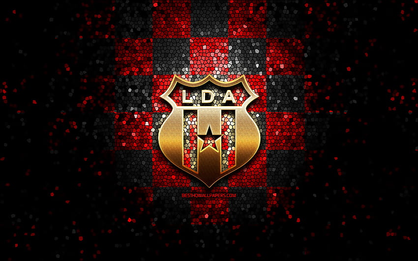 LD Alajuelense, parıltılı logo, Liga FPD, kırmızı siyah damalı arka plan, futbol, ​​Kosta Rika Futbol Kulübü, Alajuelense FC logosu, mozaik sanatı, Alajuelense FC, Liga Deportiva Alajuelense HD duvar kağıdı