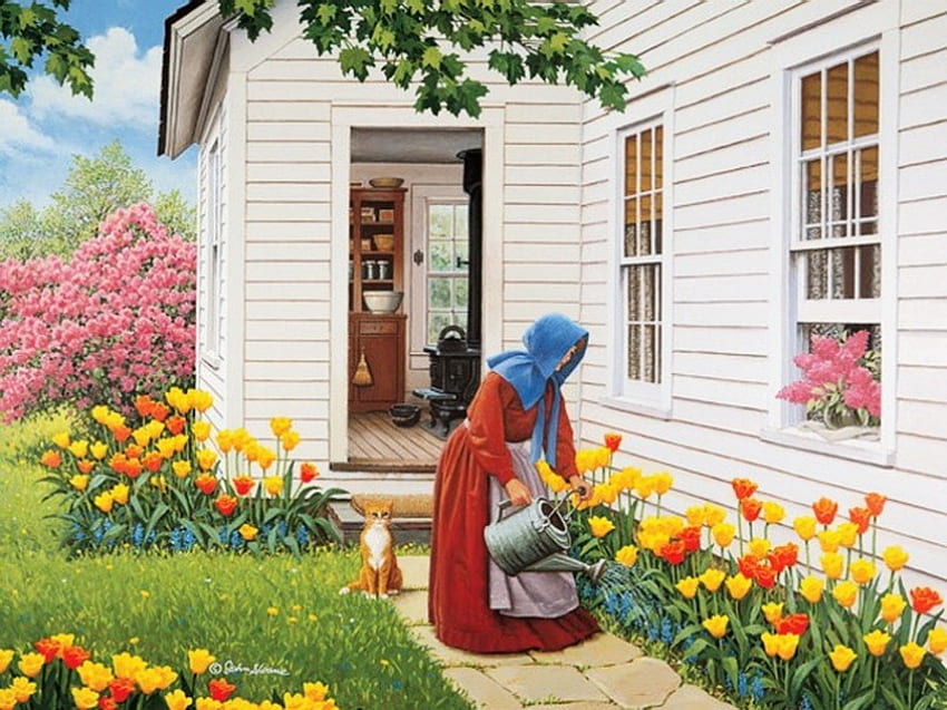 Her tulips, sidewalk, house, cat, tulips, tree, watercan, bonnet, flowers, blooms, home HD wallpaper