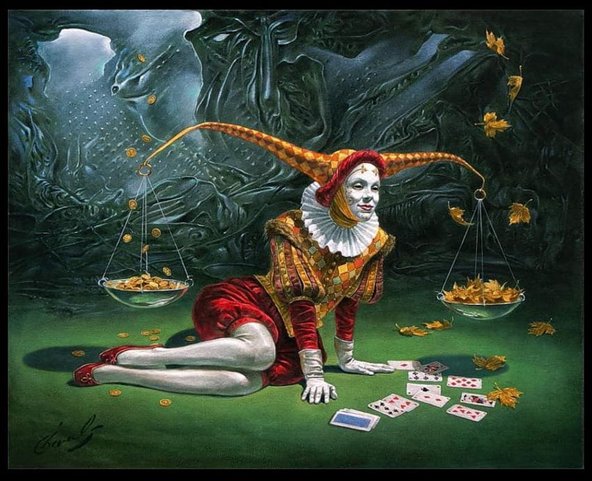 Michael Cheval - Harlequin, balance, art, smile, harlequin, surrealism, painting, michael cheval, red, leaf, card, coins, money HD wallpaper