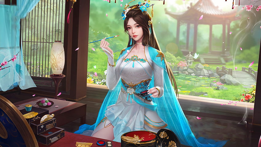 Geisha Fantasy, digital, art, fantasy, , veil, girl, woman, blue, pagoda, pretty HD wallpaper