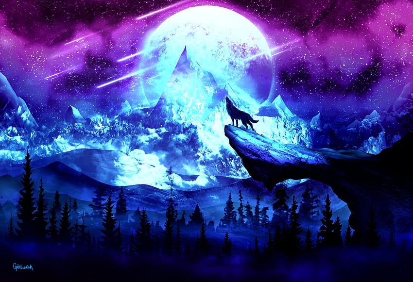 Art, Mountains, Night, Moon, Wolf HD wallpaper