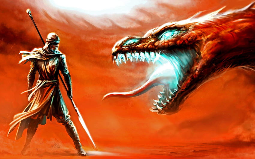 The Sand Drake, dragon, desert, fantasy, warrior HD wallpaper