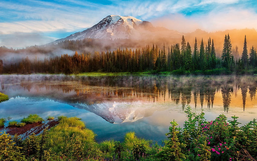 Washington, Cascade Mountains, morning, forest, lake, mist, sunrise HD wallpaper