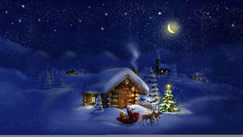 Christmas Santa Claus Cartoon with Reindeer, Snowy Christmas Night HD wallpaper