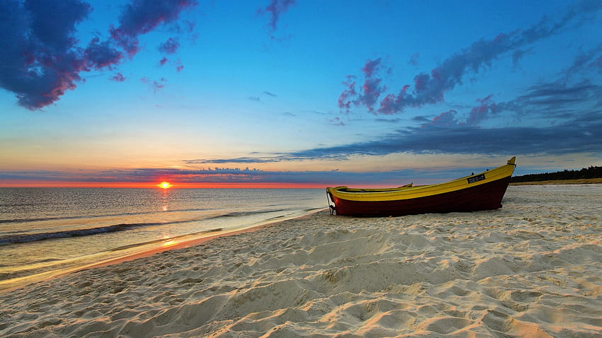 boat, decline, evening, romanticism, sand, beach, horizon HD wallpaper