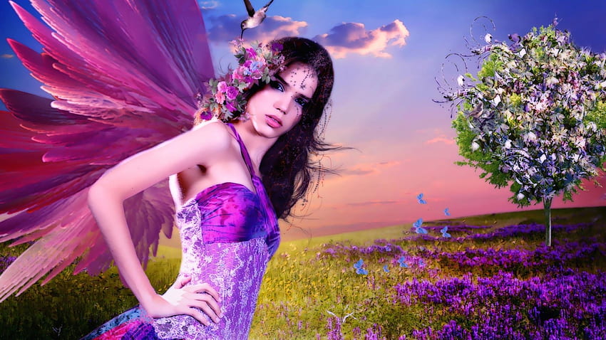 Fairy in Spring, birds, art, eyes, spring, bloom, fairy, fantasy, face, flowers HD wallpaper