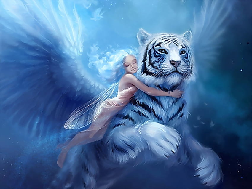 white tiger with wings, animal, wings, white, dreams, tiger, fantasy, nagek, beauty HD wallpaper