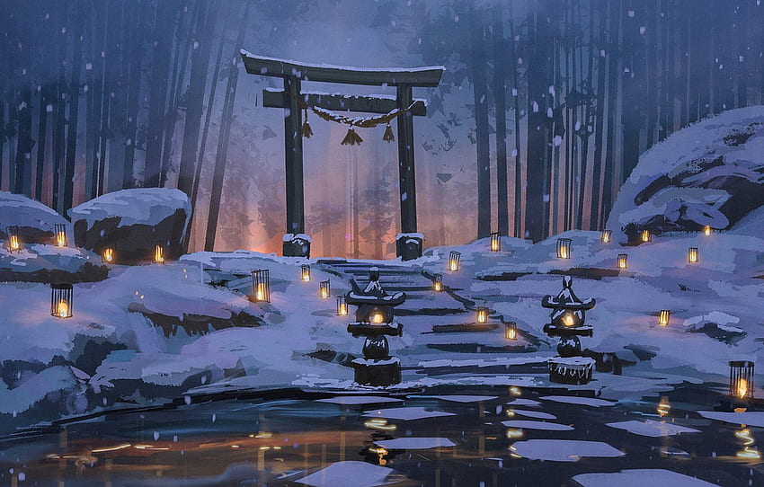 neige, étang, silence, Japon, lumières, scène, Japon, forêt d'hiver, forêt de bambous, portail torii, par Surendra Rajawat pour , section живопись Fond d'écran HD