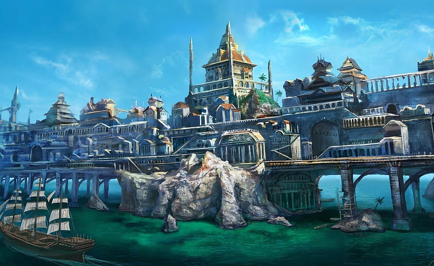 Fantasy, Sea, City, Bridge, Ship HD wallpaper