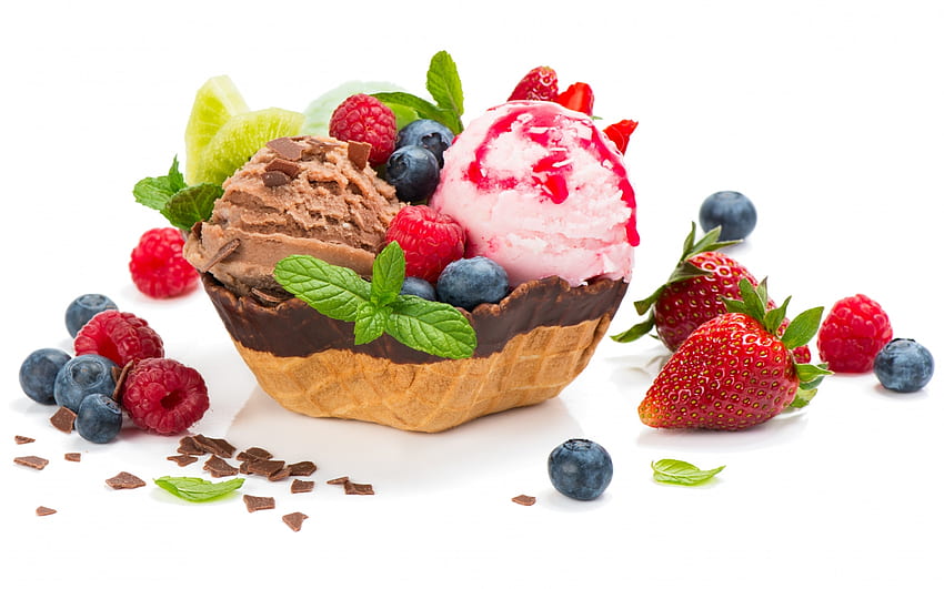 아이스크림, 과일, 달콤한, 흰색, 초콜릿, 디저트, 음식, 여름, 민트, 핑크, 레드, 그린, vara HD 월페이퍼