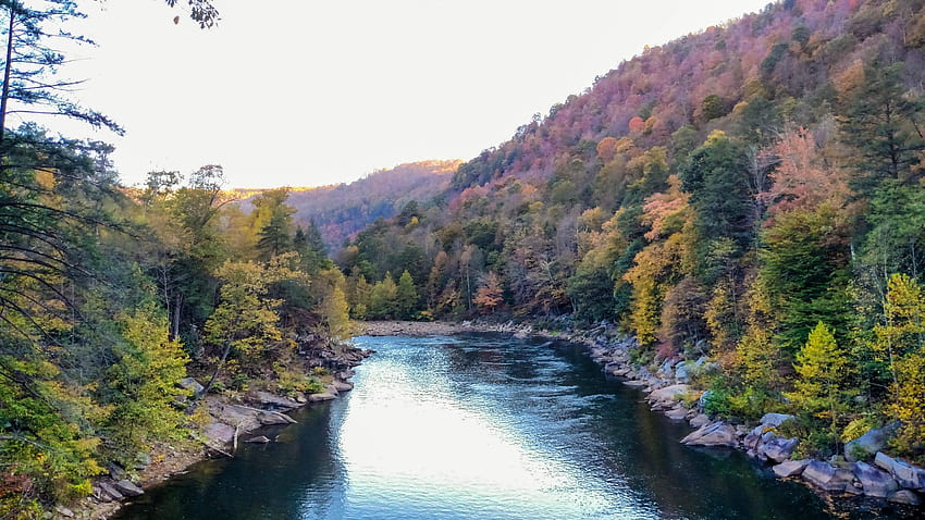 Vista autunnale che si affaccia sul fiume Cheat in West Virginia Sfondo HD