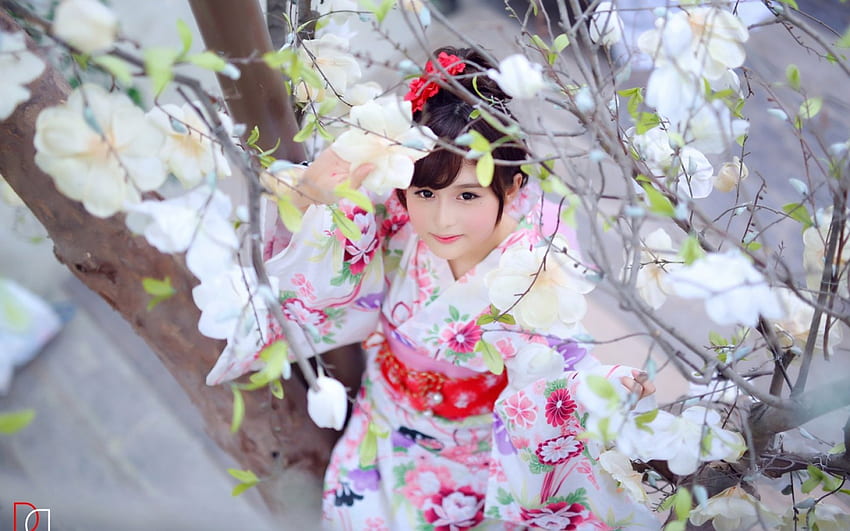 Little beauty, white, kimono, asian, girl, geisha, spring, beauty, pink, flower, sakura, red, child, blossom HD wallpaper