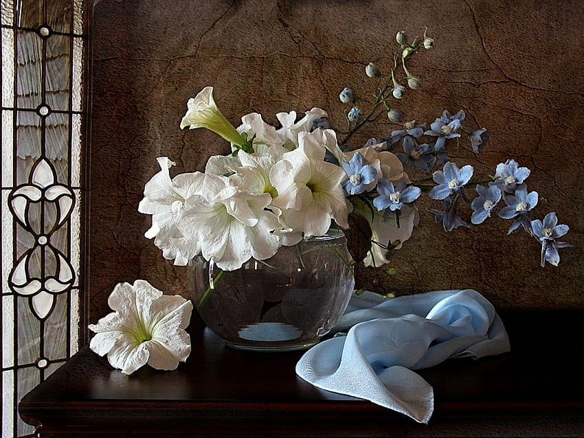Pure Beauty, blue, table, window, stain glass, flowers, lace, bowl HD wallpaper