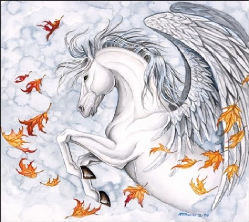 Herbstpegasus, Pferd, Pegasus, weißer Pegasus HD-Hintergrundbild