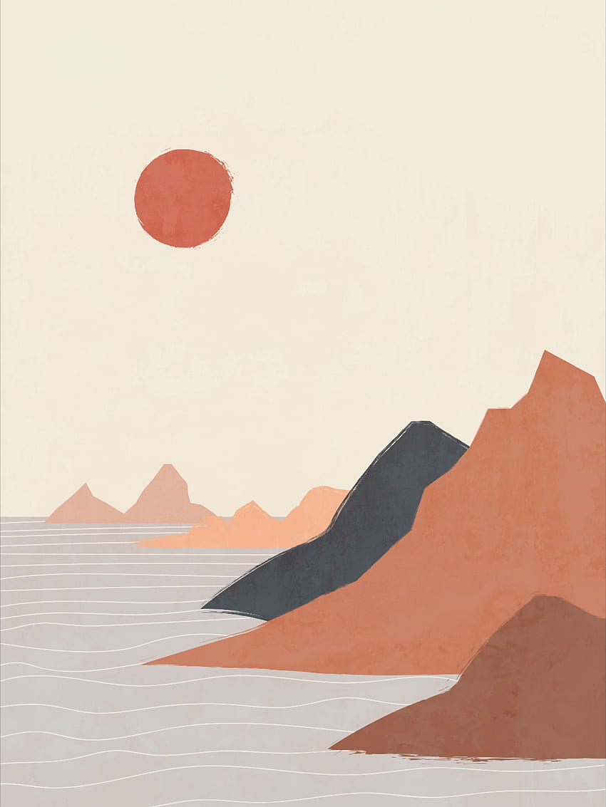 Moderne Terrakotta-Ozeandrucklandschaft, die Boho-Strand zeichnet. Etsy im Jahr 2021. Abstrakt, Minimalistische Kunst, Abstraktes Design HD-Handy-Hintergrundbild