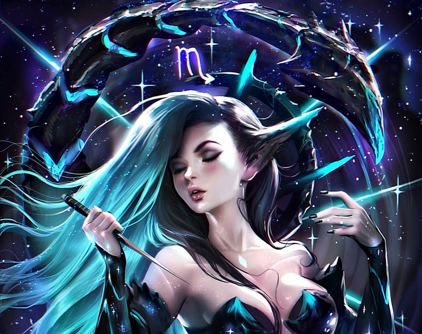 desktop wallpaper zodiac scorpio blue black sakimichan art girl tail woman purple fantasy zodiac scorpio