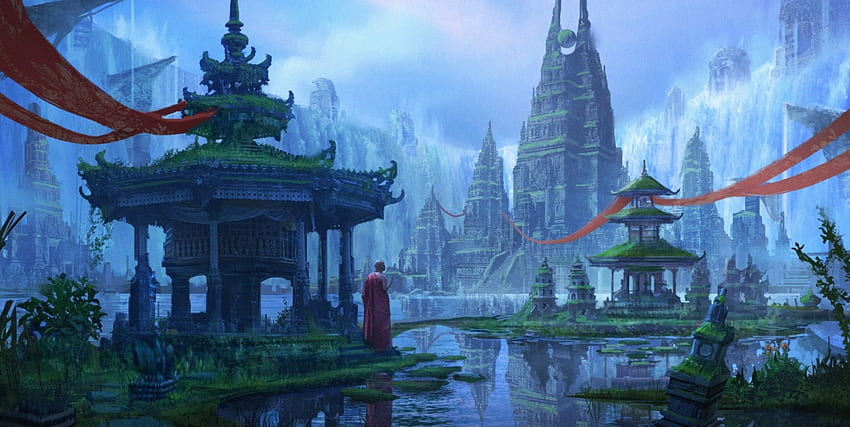Монах, синьо, азиатски, изкуство, храм, мъж, фантазия, зелено, червено, игра, вода HD тапет