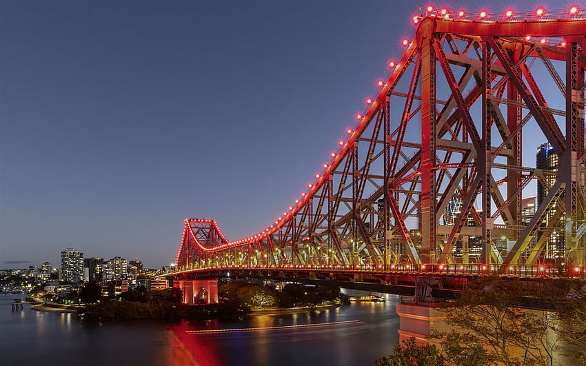 Brisbane, Story Bridge, sera, tramonto, fiume Brisbane, paesaggio urbano di Brisbane, Queensland, Australia Sfondo HD