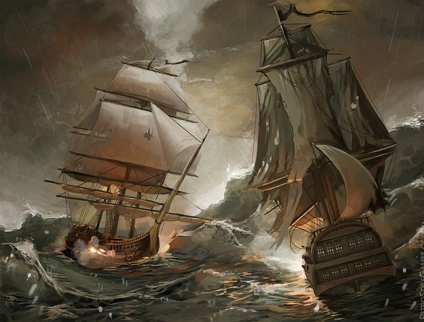 batalha marítima, mar, navio, pirata, batalha papel de parede HD