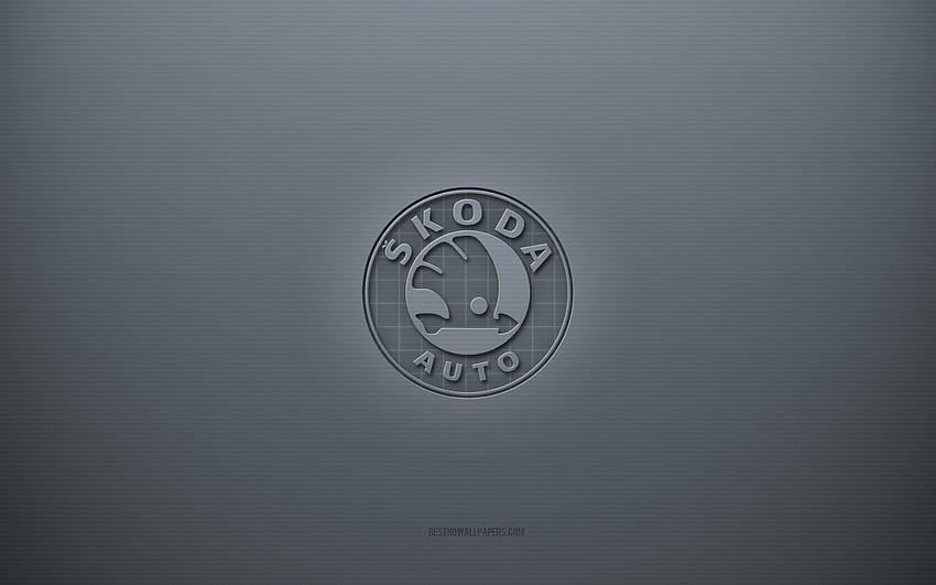 Logo Skoda, fond créatif gris, emblème Skoda, texture de papier gris, Skoda, fond gris, logo Skoda 3d Fond d'écran HD