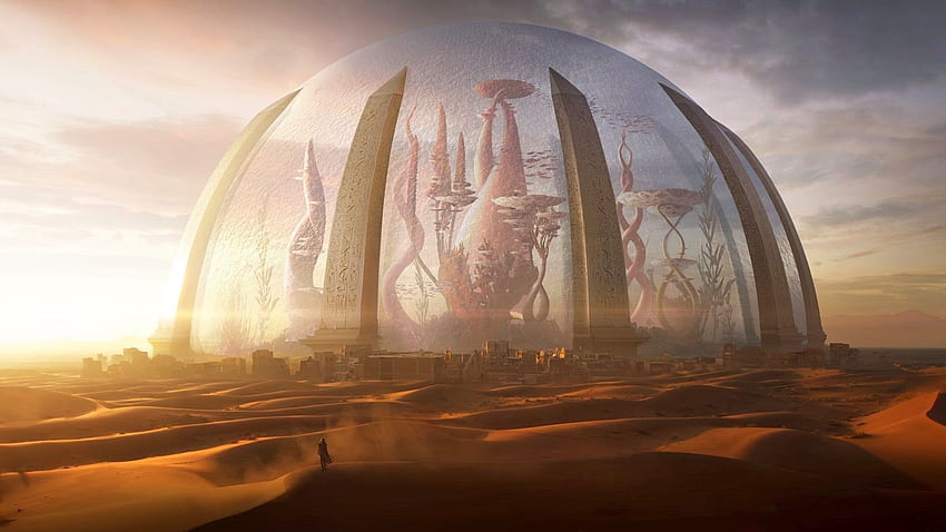 Glass dome city in middle of desert poster, digital art, Torment HD wallpaper