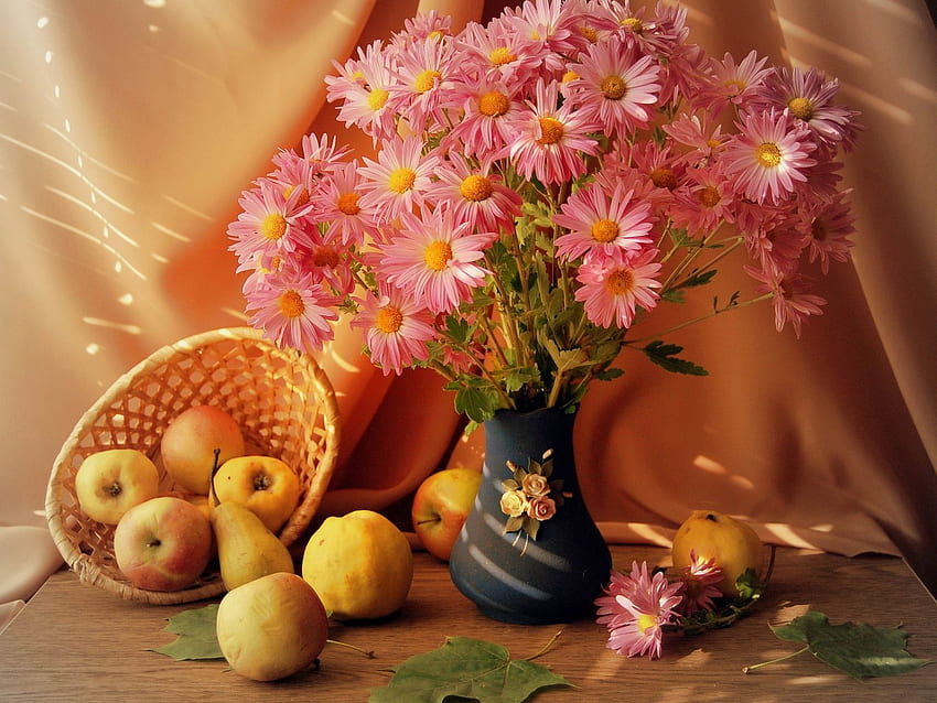 natureza morta, frutas, flores, mesa, vaso, cesta papel de parede HD