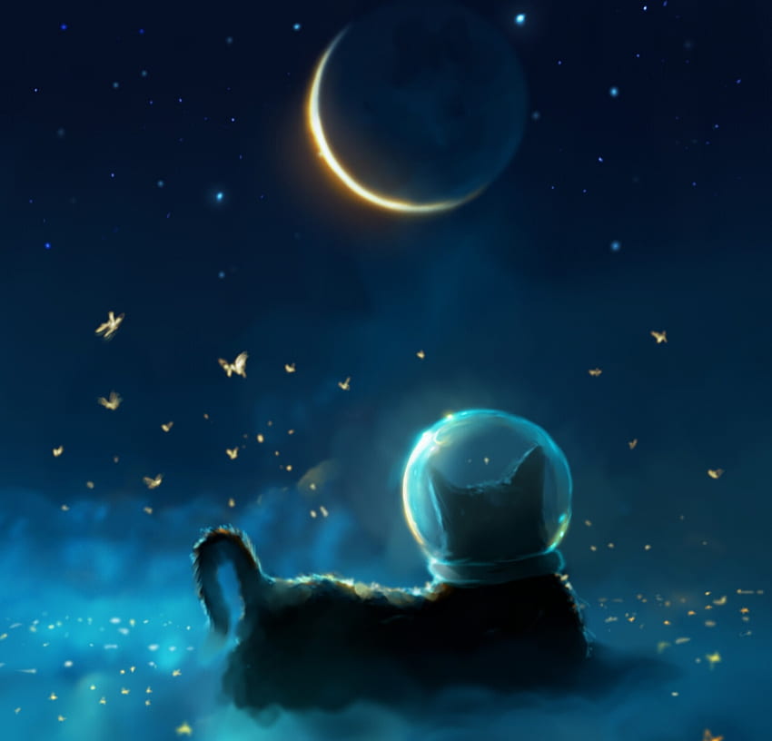 Moongazing, alromeadheen, bulan, ahmx, kucing, kosmonot, biru, hitam, seni, bintang, astronot, fantasi Wallpaper HD