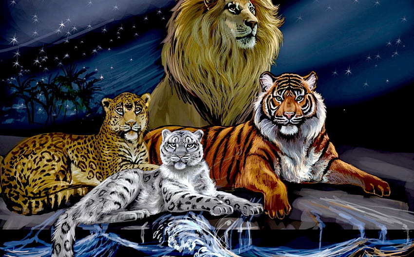 WILD BEAUTIES, tiger, art, eyes, snow leopard, lion, mane, predators, waves, leopard, painting, moon, animals, king of beasts, sky, water HD wallpaper
