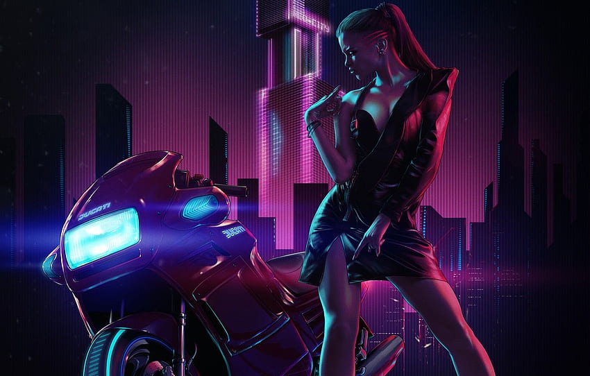 Girl, Night, Music, Neon, Style, Girl, Motorcycle, Fantasy, Ducati, Style, Night, Fiction, Neon, Fiction, Bike, Figure for , section art HD тапет