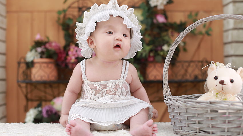 Cute baby girl, Teddy bear, Basket, , Cute, Cute Baby Girls HD wallpaper