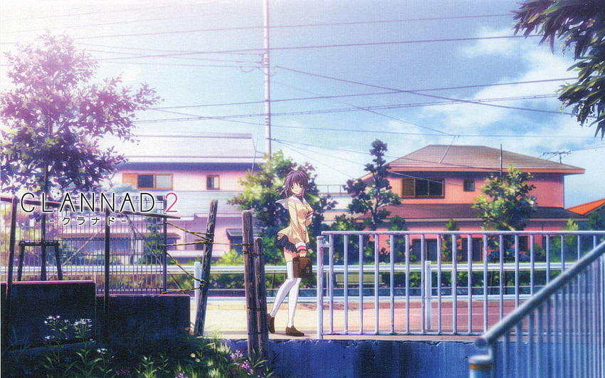 CLANNAD 2, house, girl, grass, houses, roud, tree, street, trees, frence, power pole HD wallpaper