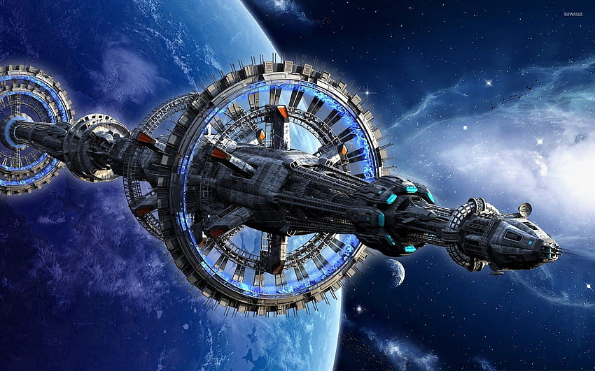 สถานีอวกาศใกล้กับดาวเคราะห์สีน้ำเงิน - Fantasy, Future Space Station วอลล์เปเปอร์ HD