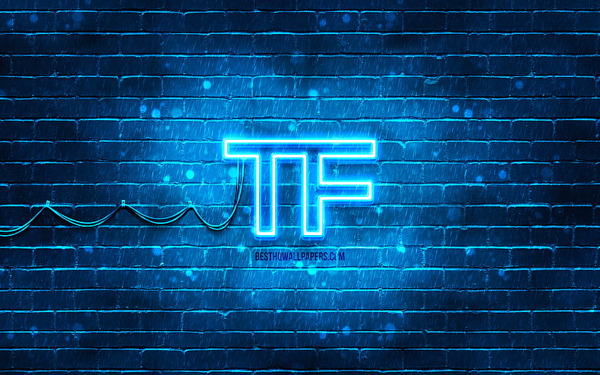 Tom Ford blue logo, , blue brickwall, Tom Ford logo, brands, Tom Ford neon logo, Tom Ford HD wallpaper