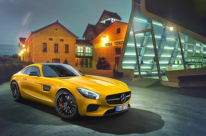 Mercedes-AMG GT - 2015, love four seasons, Mercedes-AMG GT, 2015, attractions in dreams, yellow, cars, houses HD wallpaper