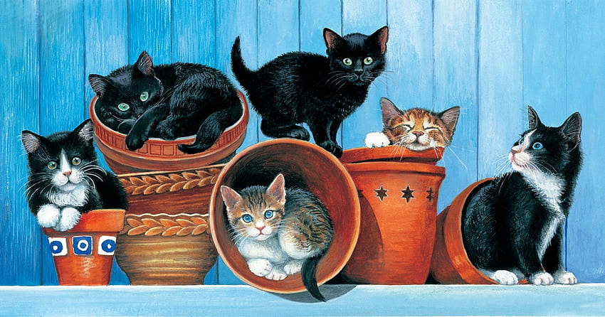 Gattini, blu, gattino, animale, nero, arte, carino, gatto, arancione, pittura, pictura, luminos, vaso Sfondo HD