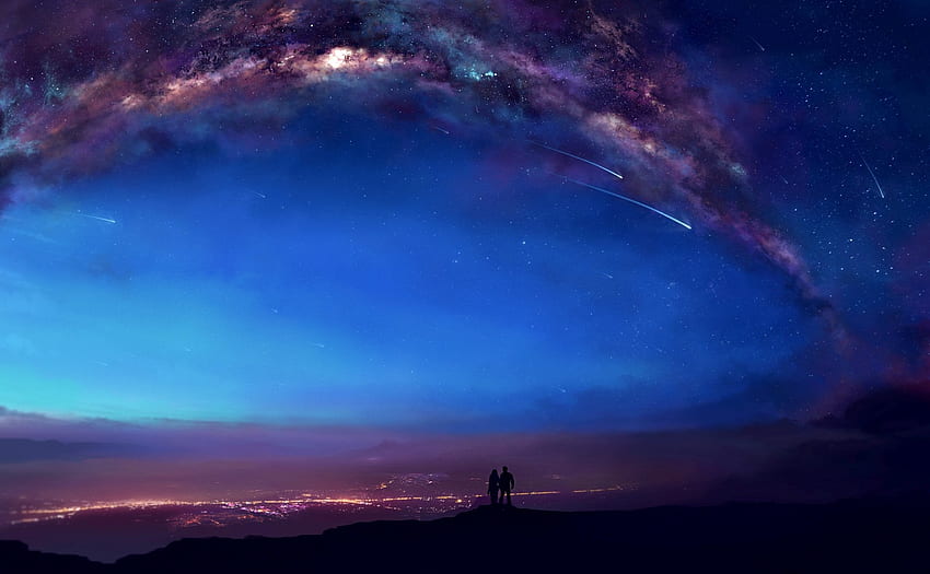 A couple looks over a nighttime cityscape while galaxies hang overheard, blue, night, city lights, galaxy, city, man, stars, romance, cityscape, woman, purple, love, lights, couple, space, sky HD wallpaper