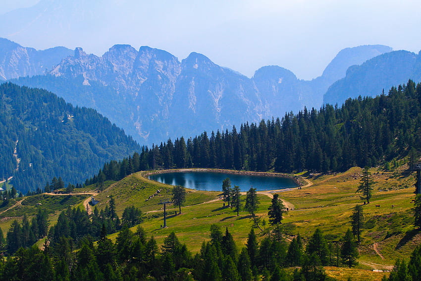 Alberi, Natura, Cielo, Montagne, Lago Sfondo HD