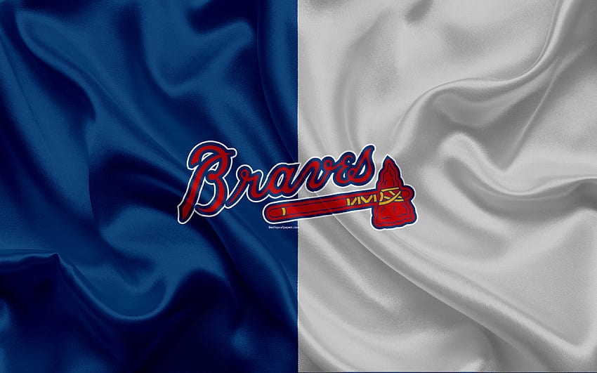 Atlanta Braves, โลโก้, พื้นผิวผ้าไหม, สโมสรเบสบอลอเมริกัน, ธงสีน้ำเงินเทา, ตราสัญลักษณ์, MLB, แอตแลนตา, สหรัฐอเมริกา, เมเจอร์ลีกเบสบอลสำหรับความละเอียด คุณสูง วอลล์เปเปอร์ HD